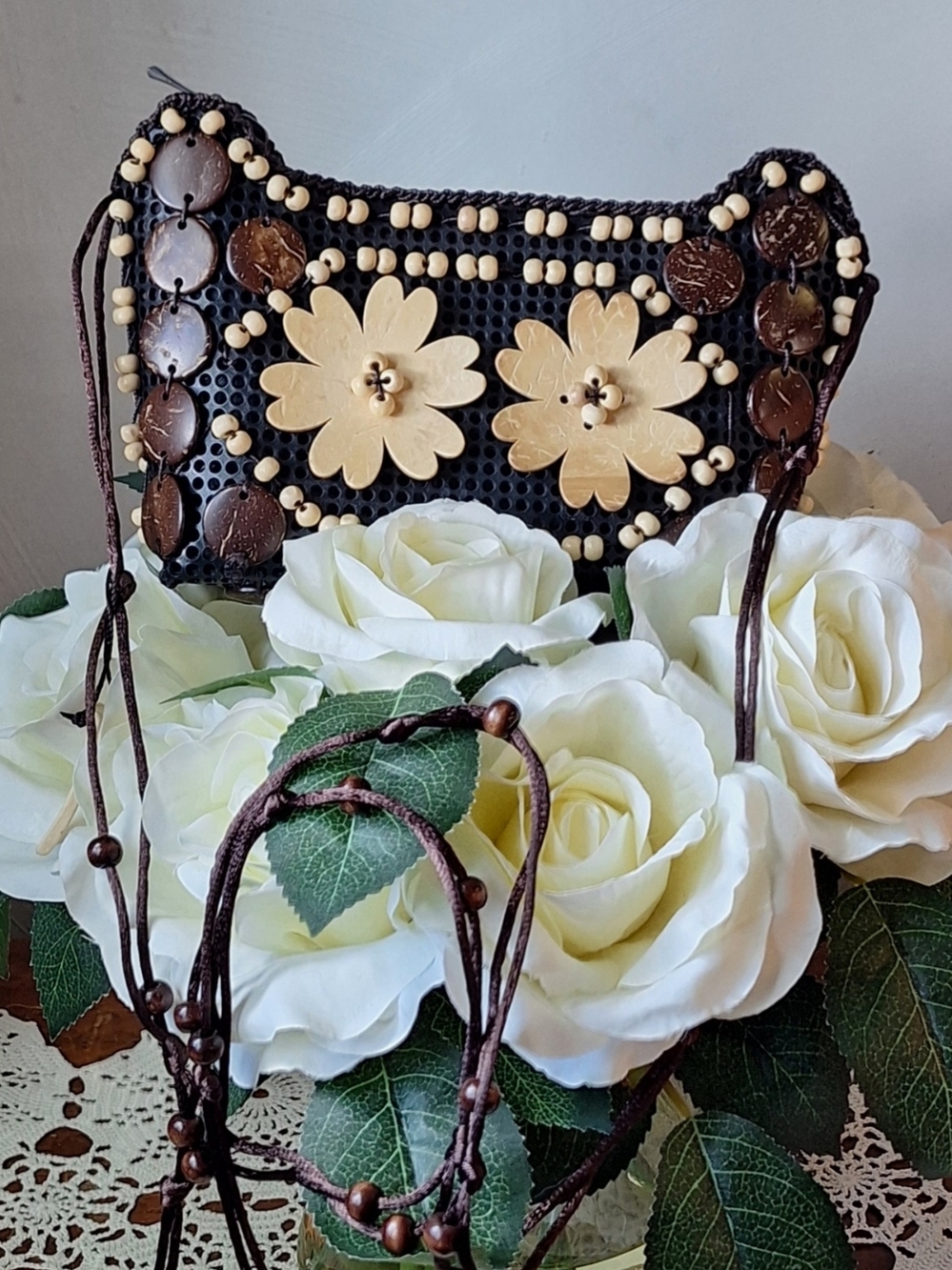 Hawaiian Handmade Coconut Crossbody Bag With Carved Coconut Flowers NWOT
